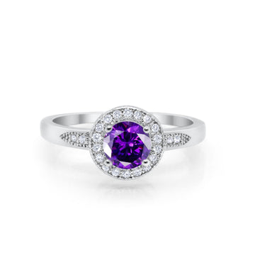 Halo Art Deco Engagement Ring Round Simulated Amethyst CZ 925 Sterling Silver
